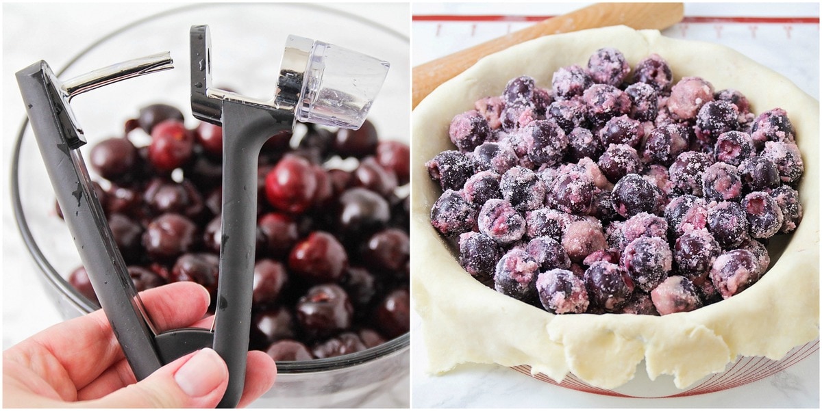 Pitting and prepping cherries for cherry pie filling.