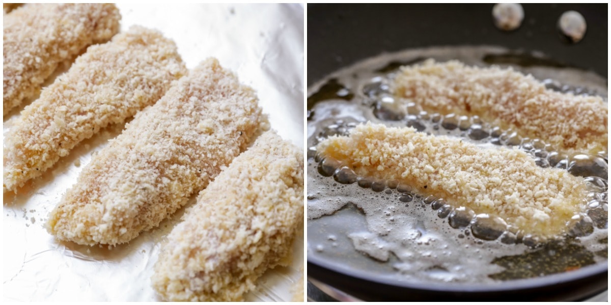 Breaded and fried chicken tenders in a frying pan