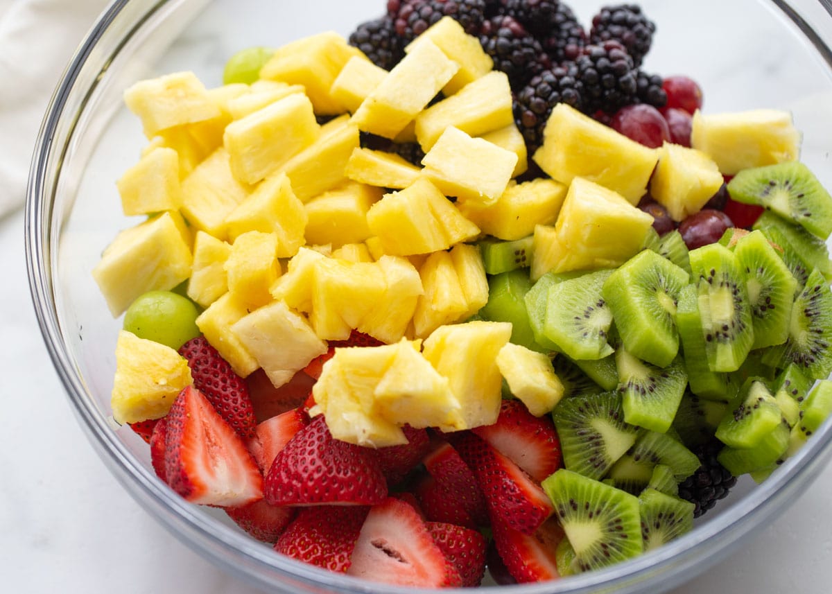 Chopped Fruit in bowl for fruit salad recipe.
