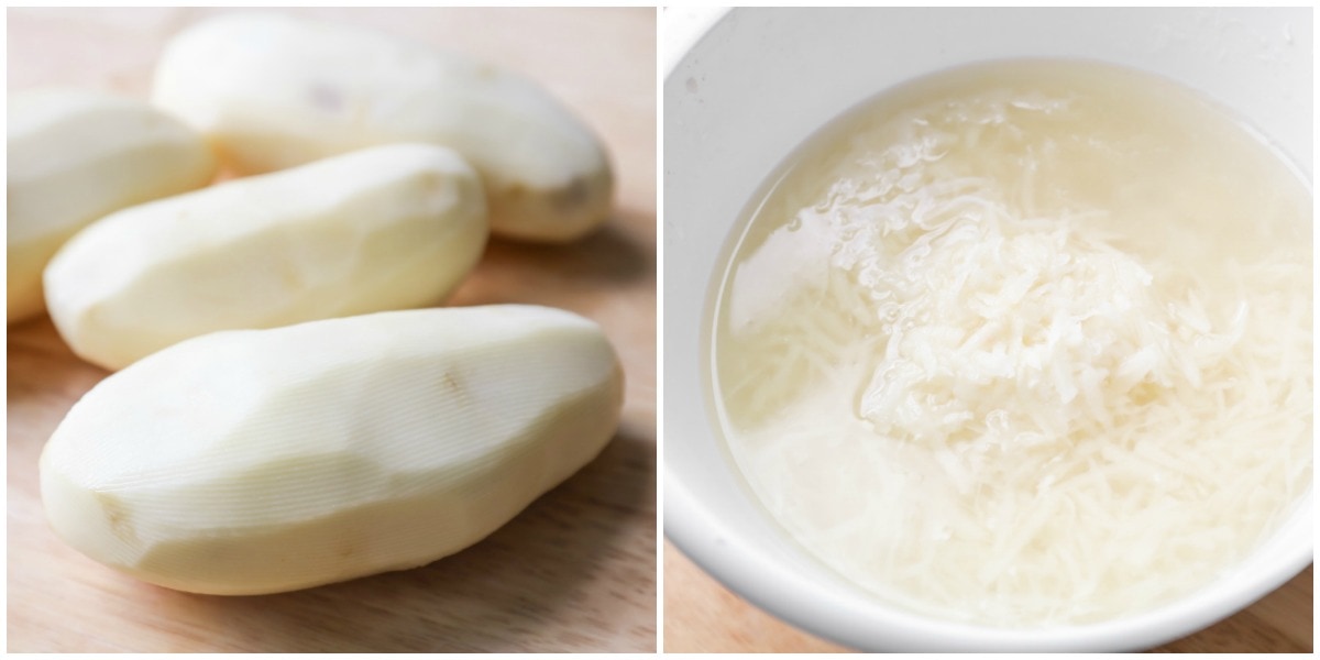 process shots of peeling, shredding, and soaking potatoes for hash browns