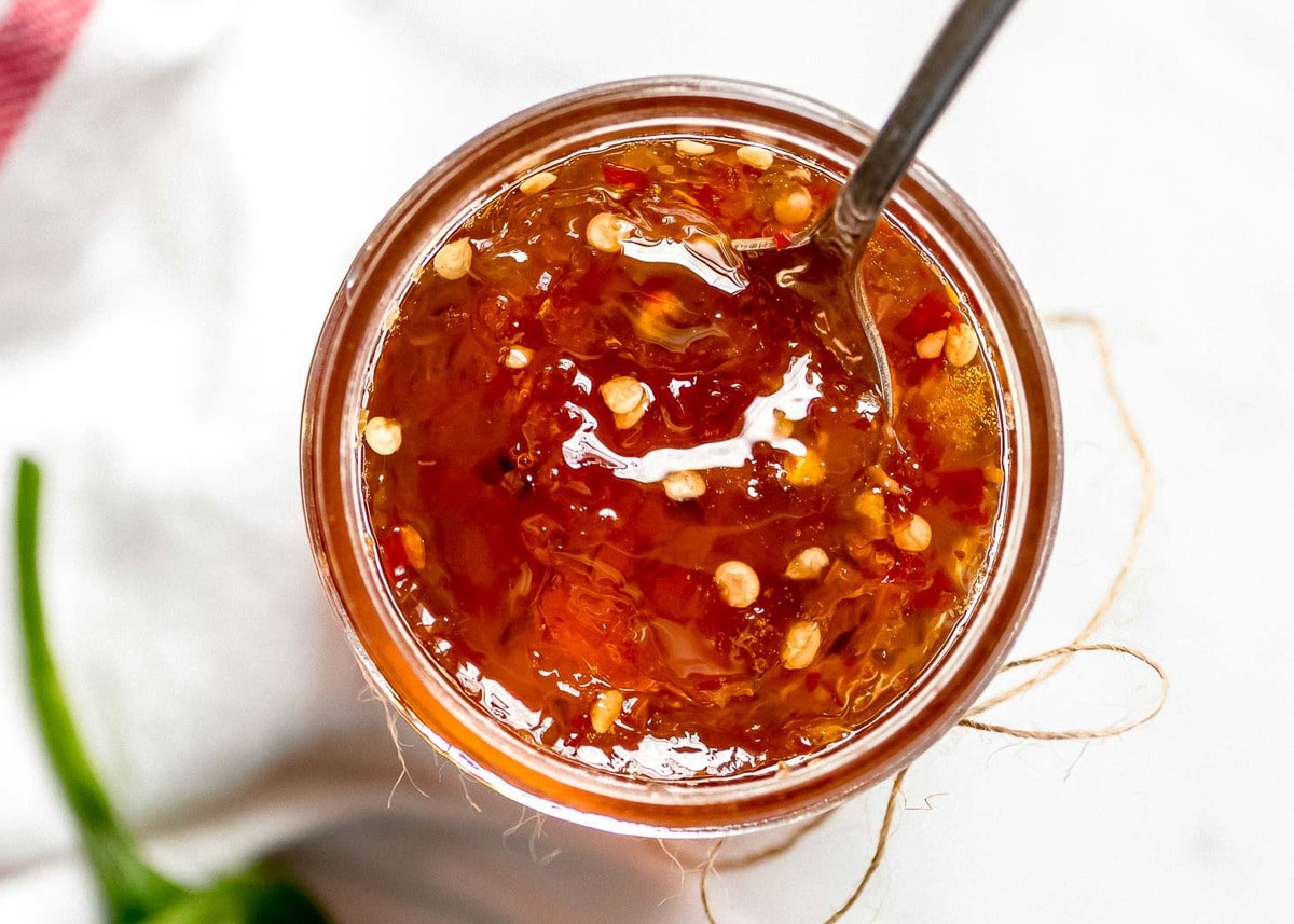 Jalapeno pepper jelly in jar close up pic