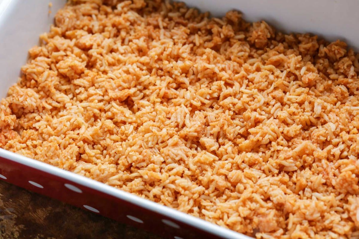 Spanish rice in a casserole dish for Mexican casserole