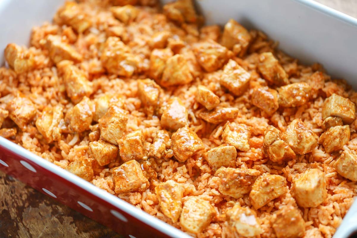 Spanish rice and chicken layers for mexican chicken casserole