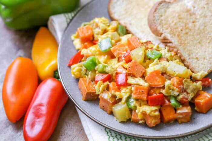 Healthy sweet potato egg breakfast on a grey plate with toast