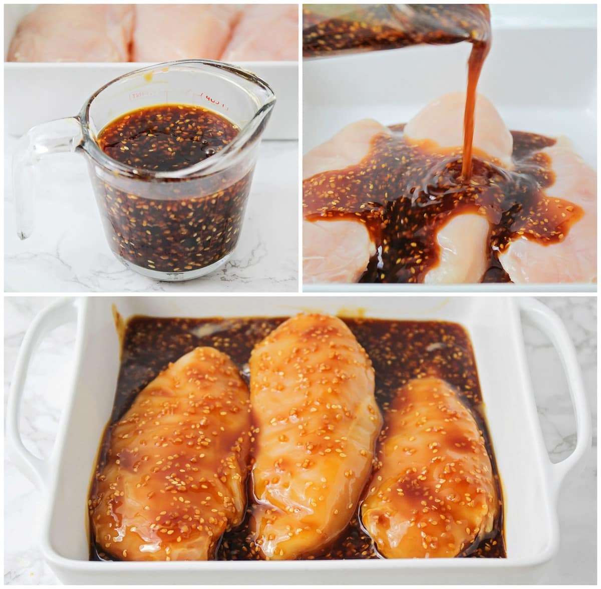 Pouring homemade teriyaki sauce over chicken breasts for homemade baked teriyaki chicken.