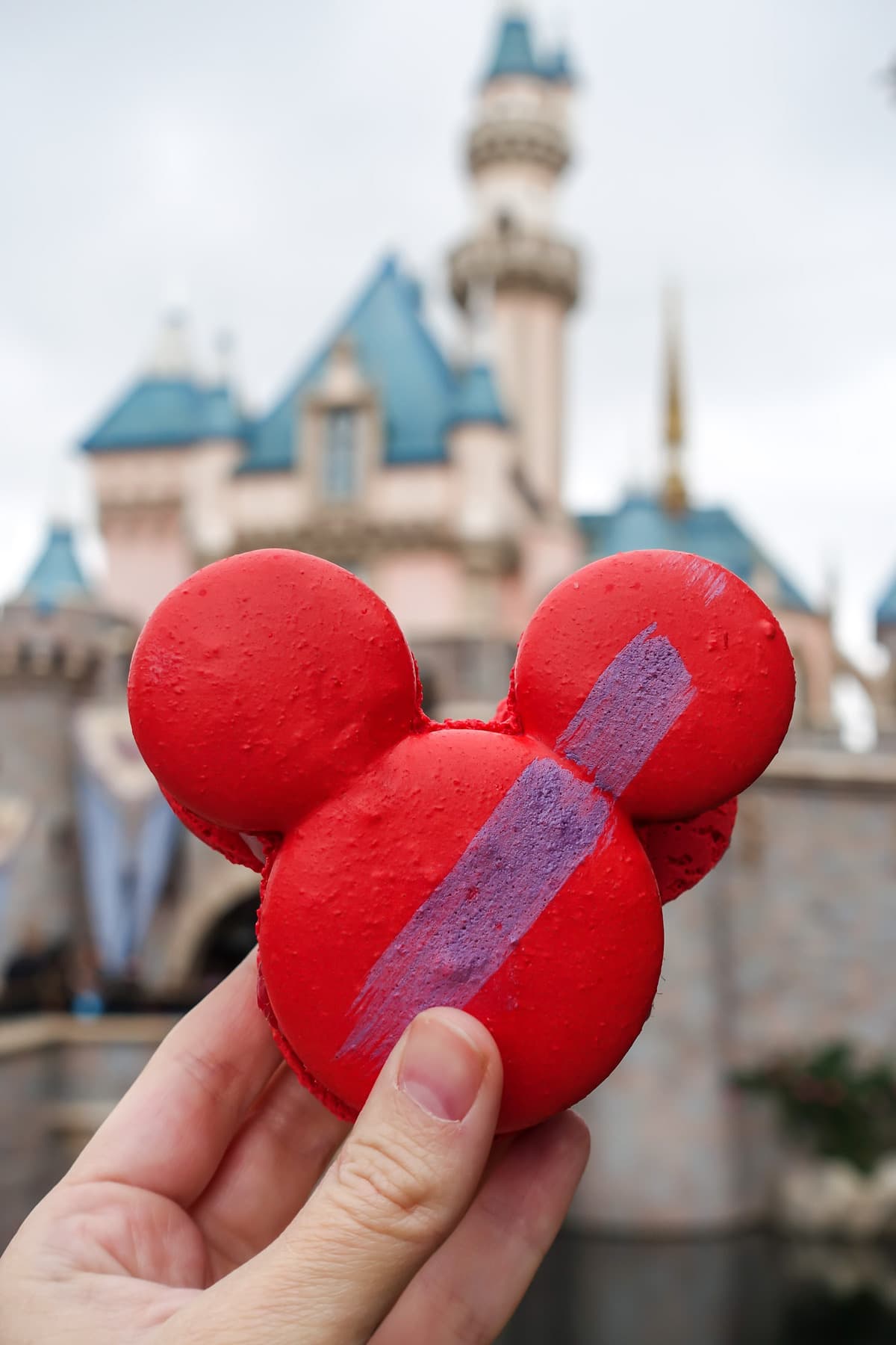 Mickey Macaron frente al castillo