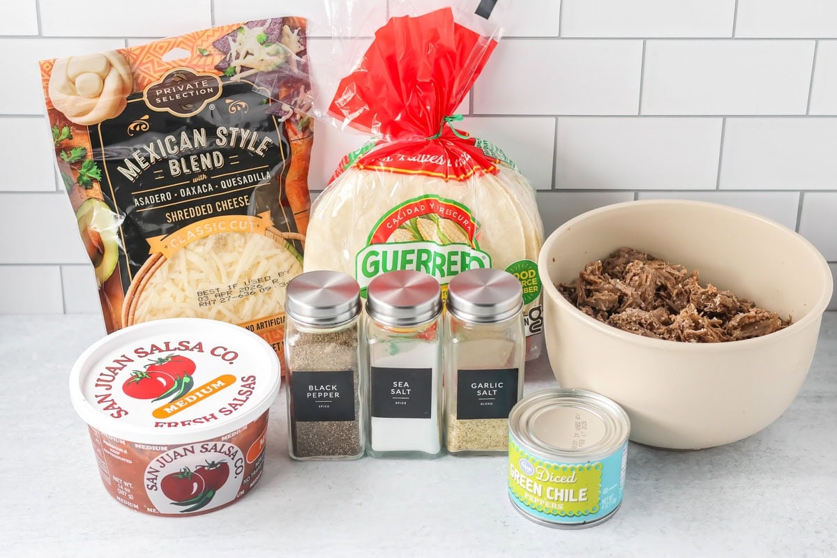 Ingredients for our famous flautas recipe on white countertop.