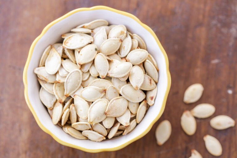 Bowl of roasted pumpkin seeds.