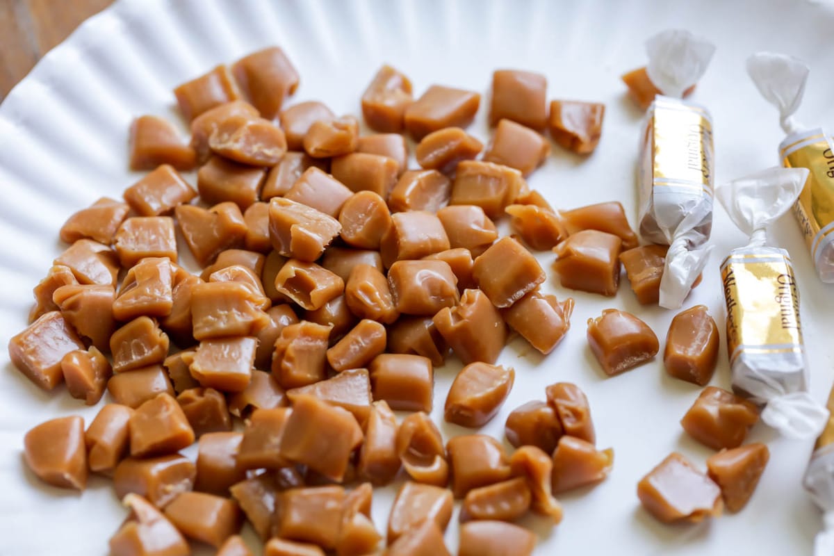 caramel candies unwrapped and chopped to go in caramel cookies