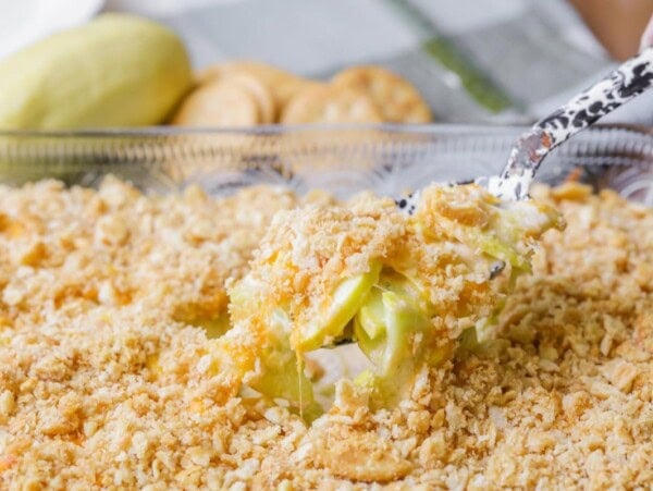 Yellow squash casserole in baking dish.