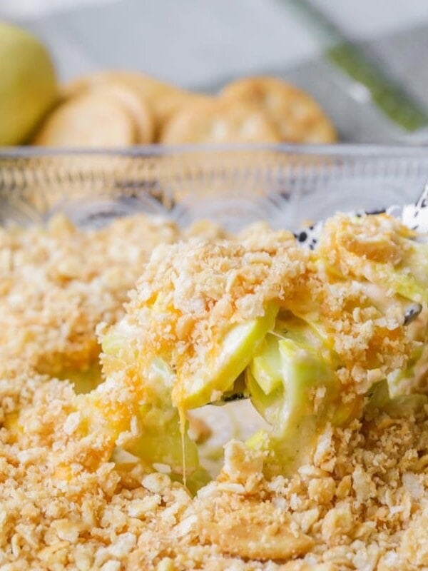 Yellow squash casserole in baking dish.