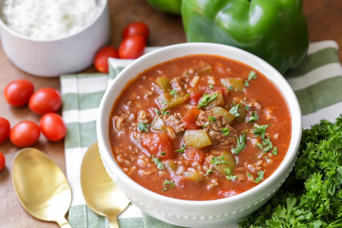 Easy soup recipes - Stuffed pepper soup served in a white bowl.