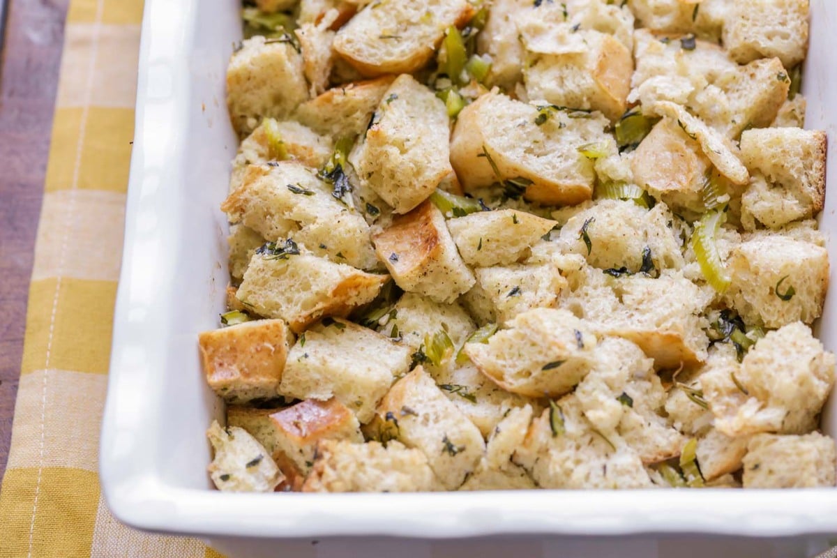Thanksgiving side dishes - casserole dish filled with traditional homemade stuffing.