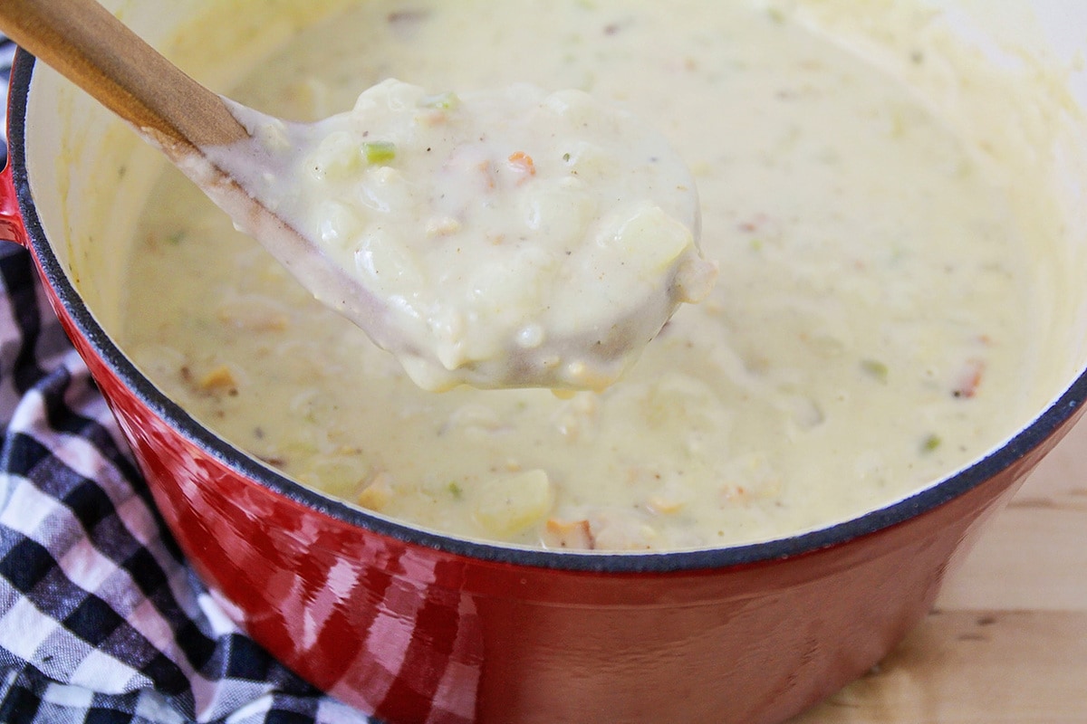 A ladle full of clam chowder over a dutch oven.