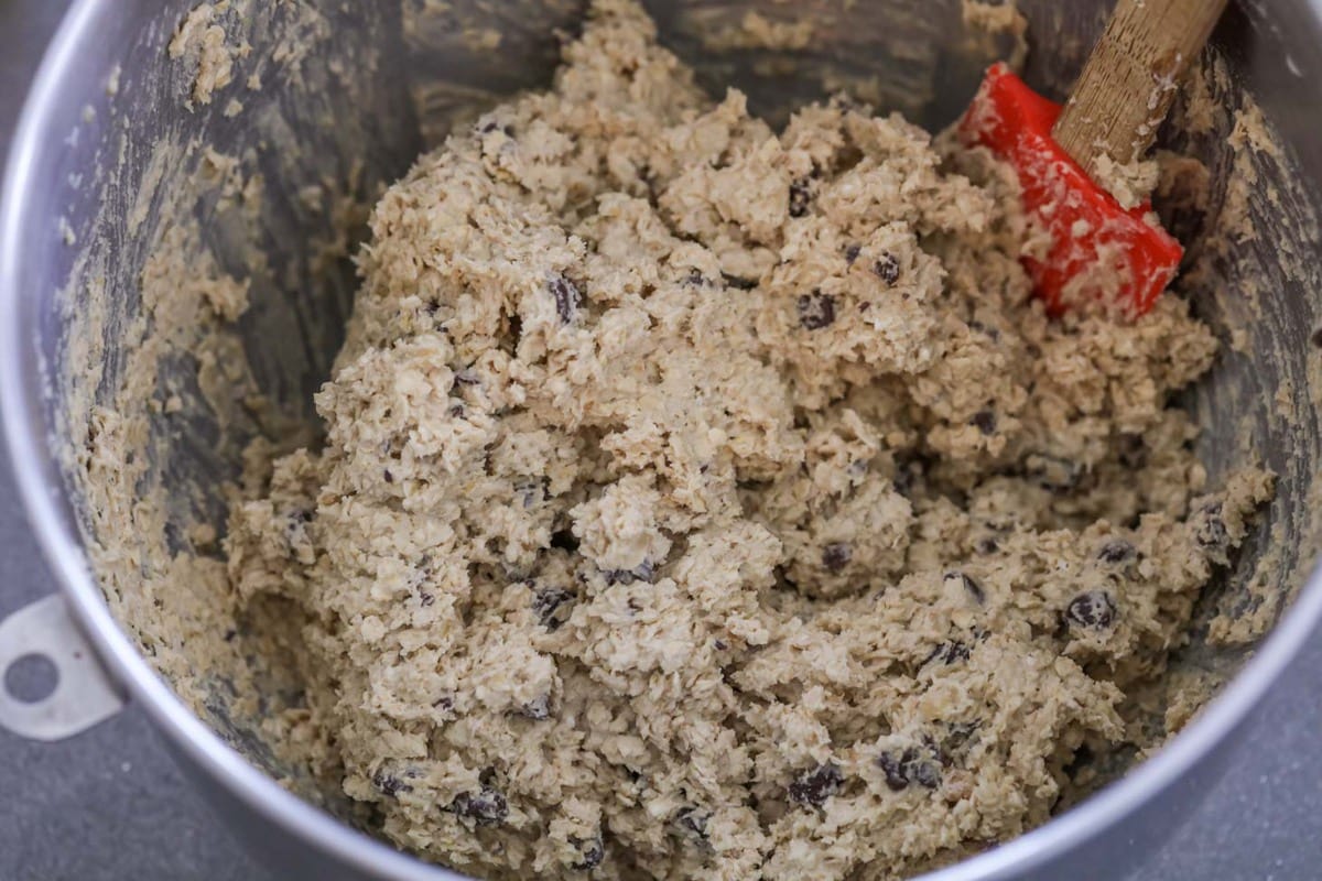 oatmeal chocolate chip cookie recipe in a mixing bowl