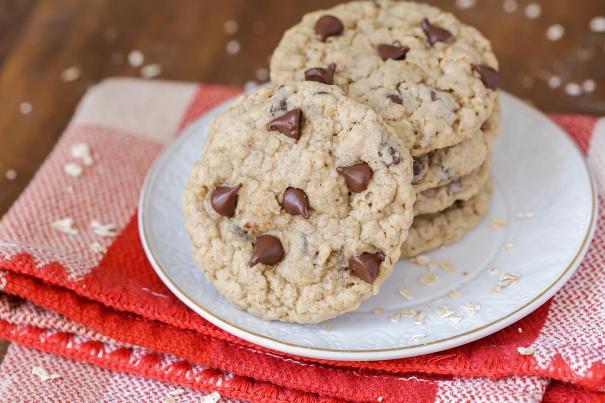 Oatmeal chocolate chip cookies on a white plate