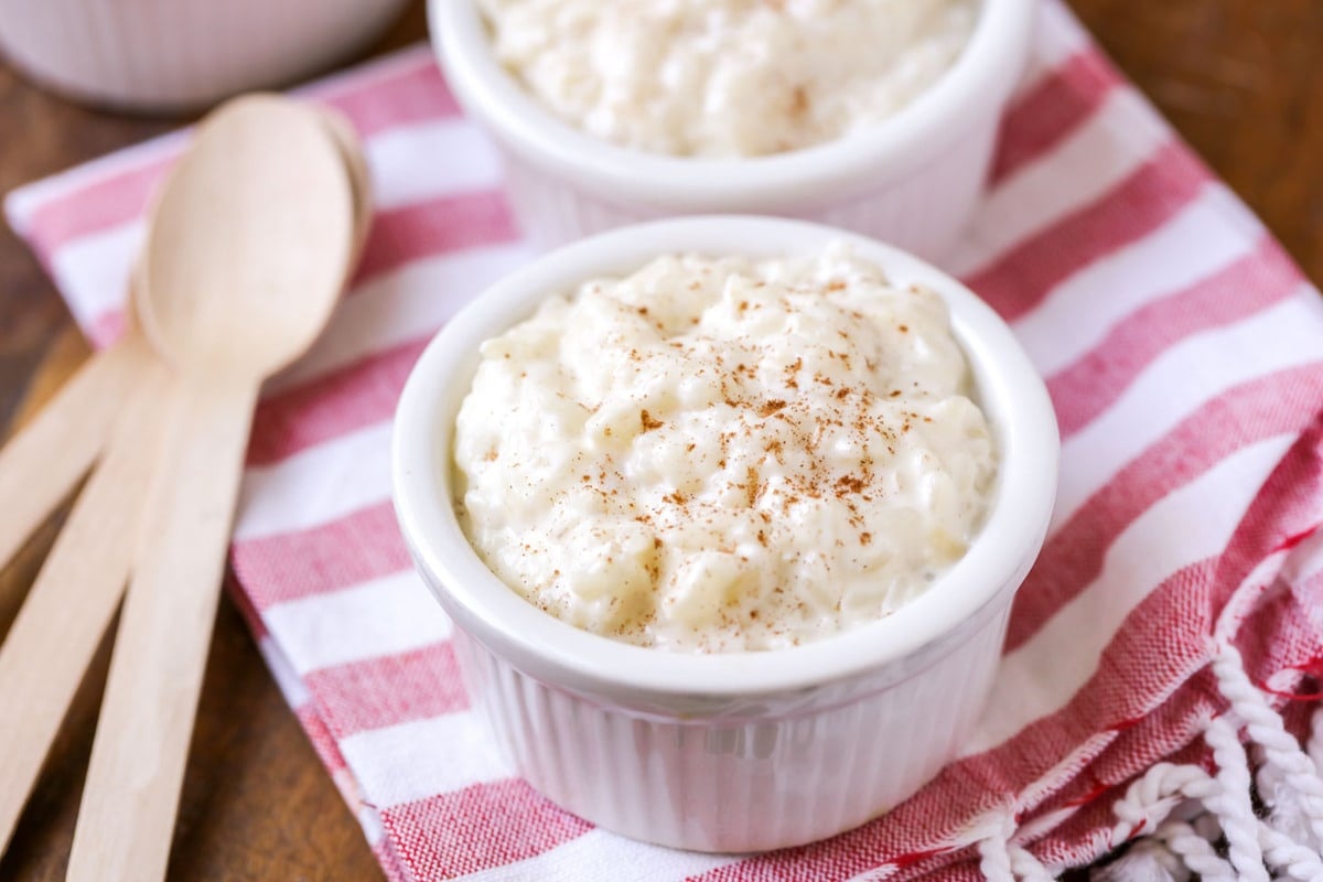 Rice pudding in a small white bowl