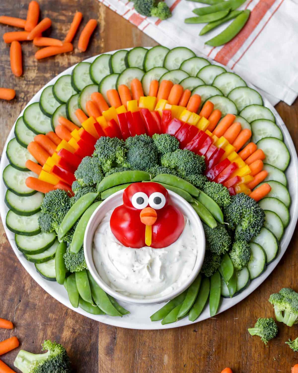 Complete turkey veggie tray served with dip.