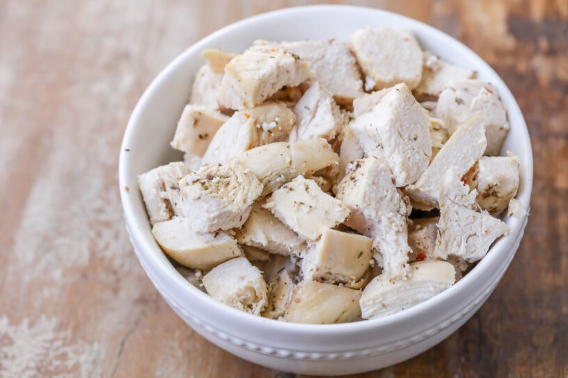Bowl of cooked chicken cubed for chicken Caesar Wrap