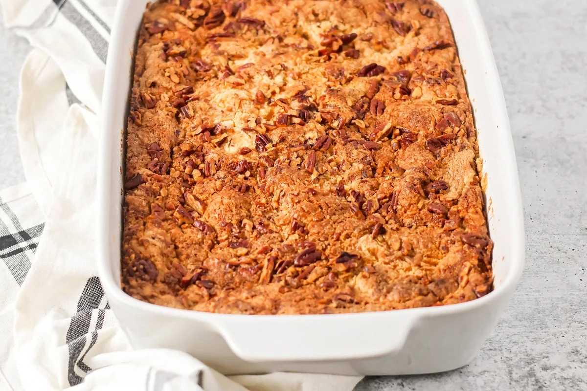 Pumpkin crunch cake recipe baked up in baking dish.