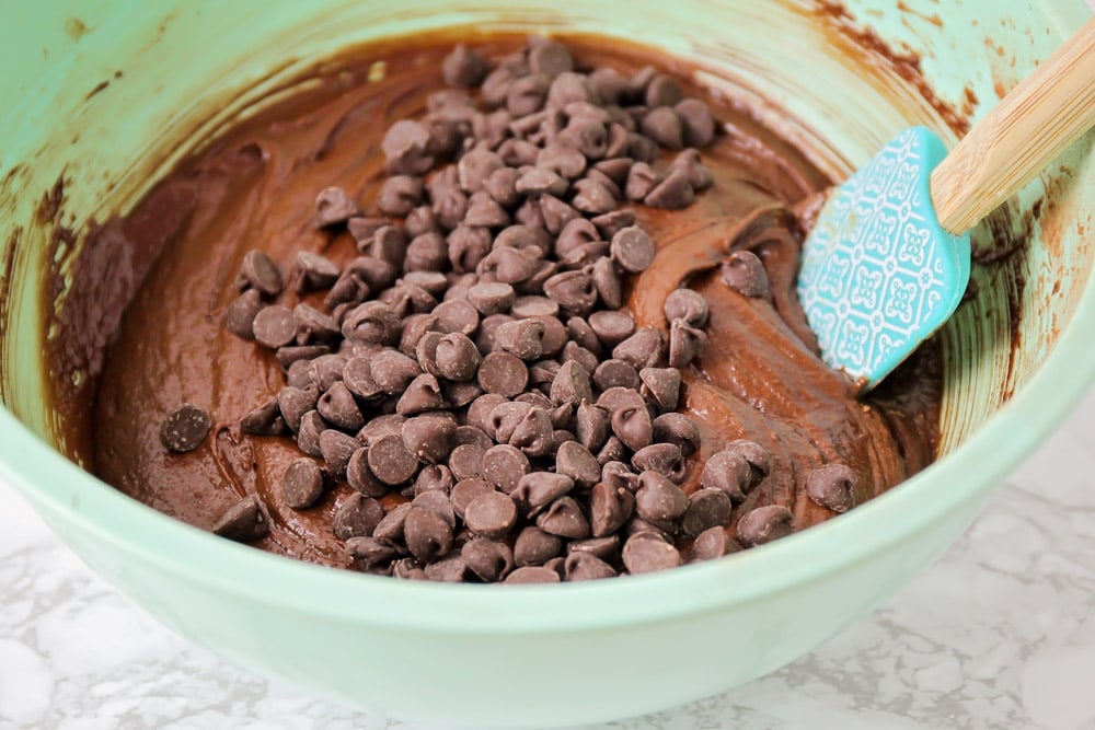 brownie batter with chocolate chips in a mixing bowl