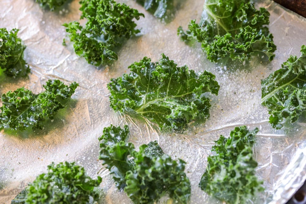 Pieces of kale with oil and salt 