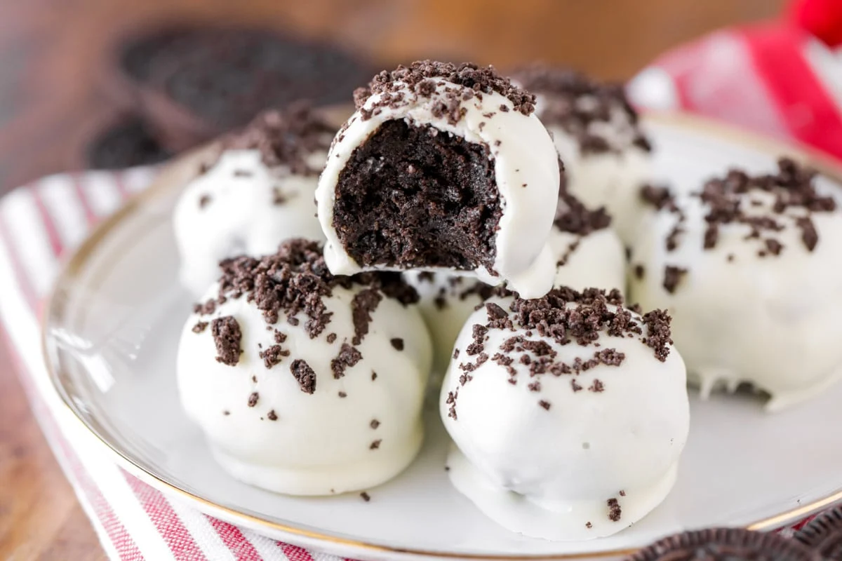 Valentine's Day Desserts - Oreo Truffles on a white plate. 