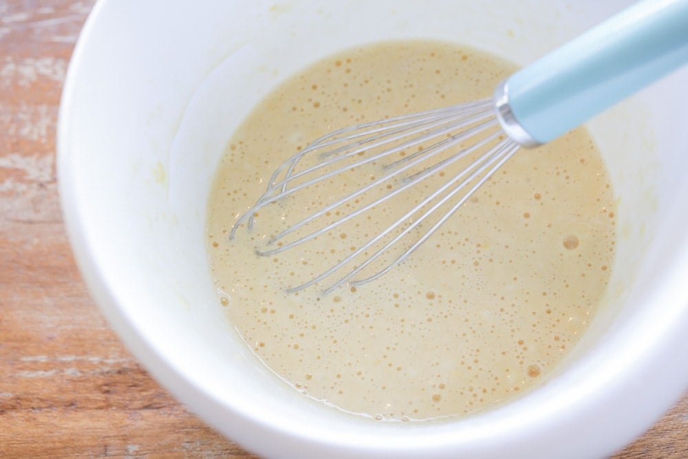 Protein pancake batter whipped up in a mixing bowl.
