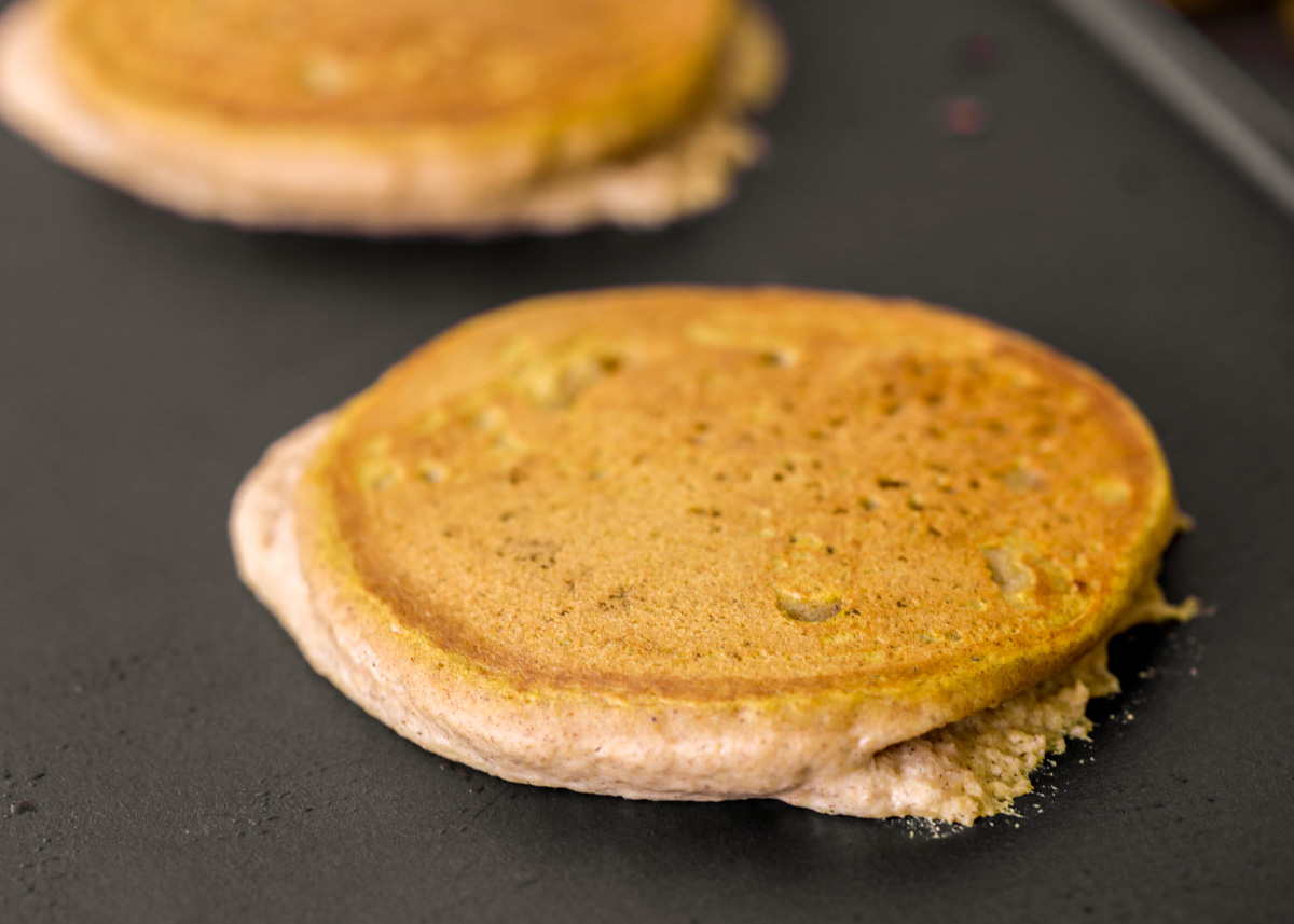 Pumpkin pancakes being made.