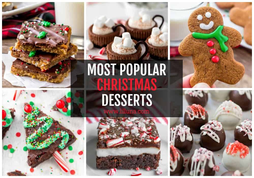 Collage of Christmas desserts including cookies and bars.