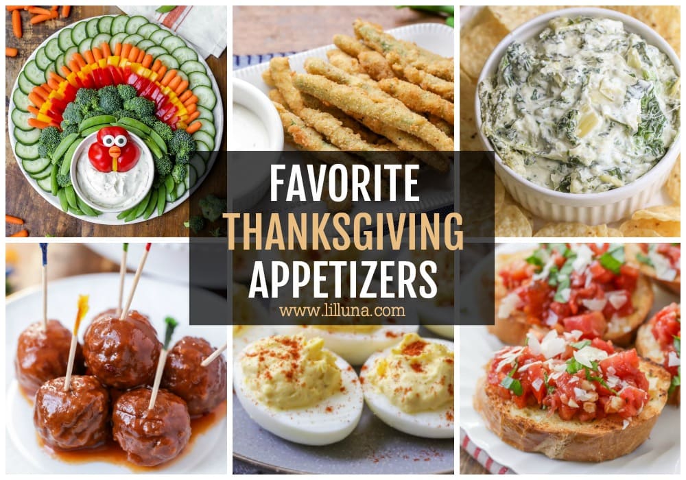 Thanksgiving Appetizers Collage with 6 different appetizers.