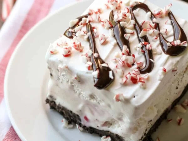 Peppermint ice cream dessert served on a white plate.