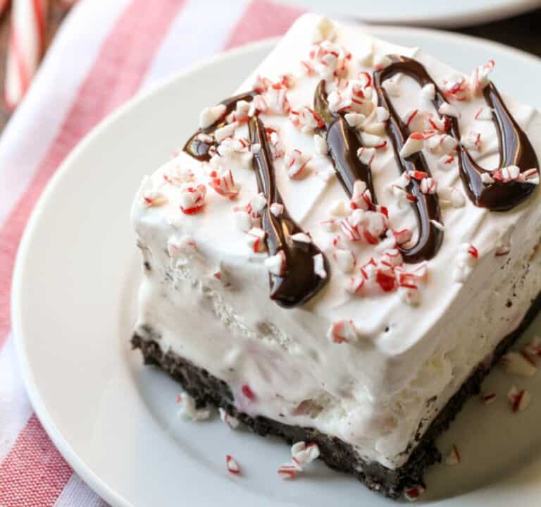 Peppermint ice cream dessert served on a white plate.