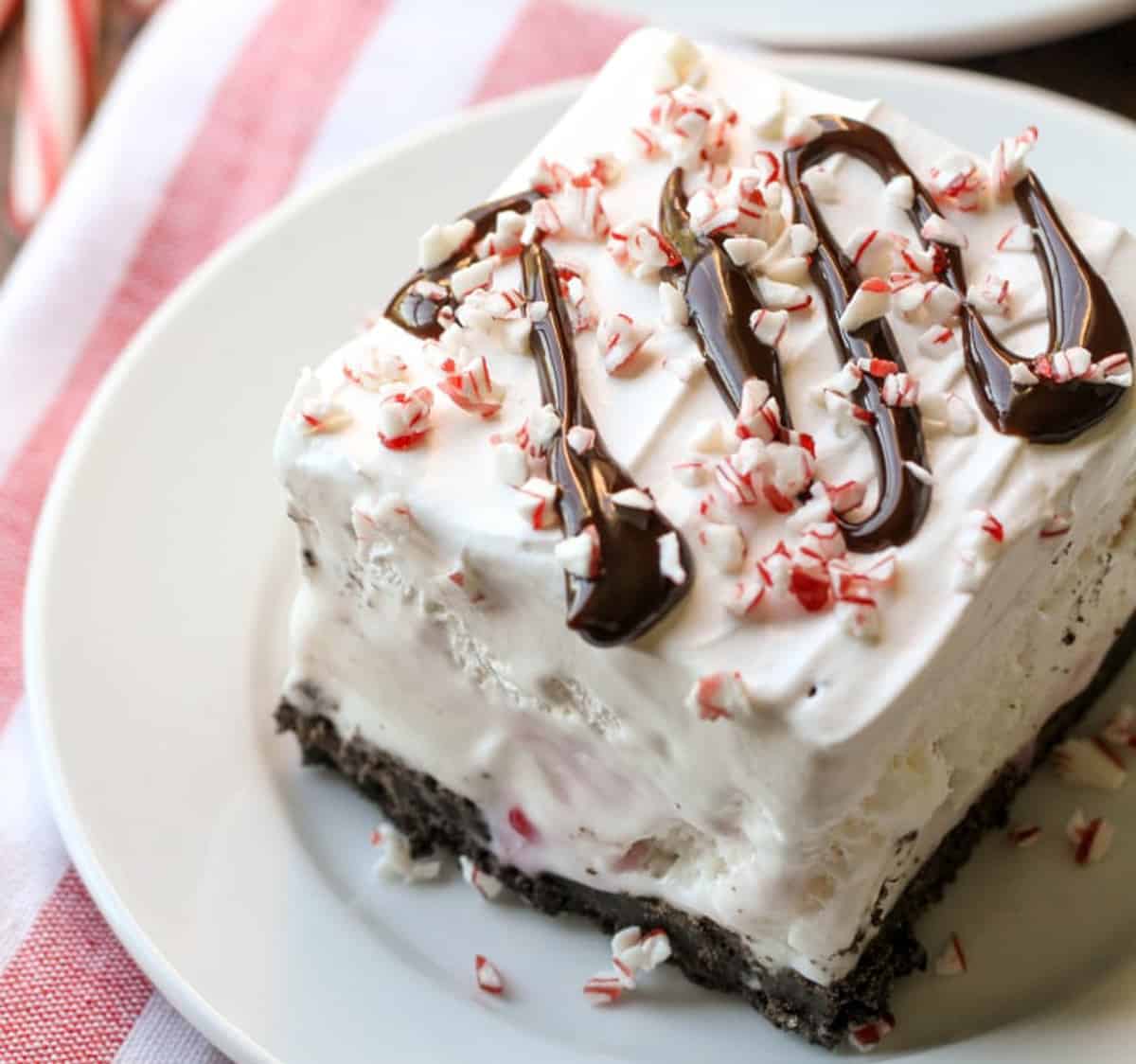 Peppermint ice cream dessert served on a white plate.