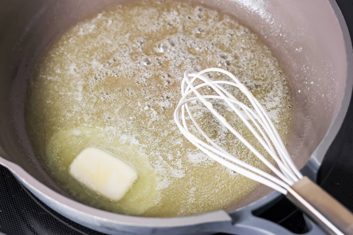 Browning butter in a pan for making turkey gravy without drippings.