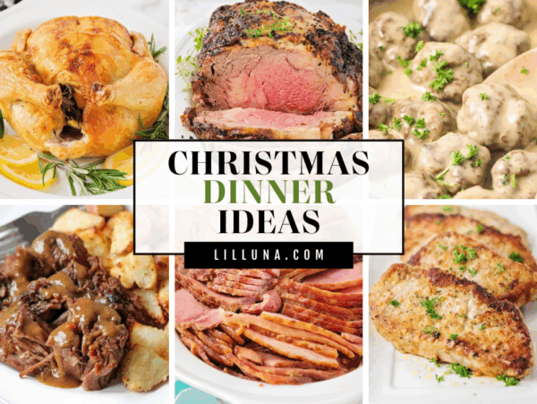 Collage of various Christmas dinner recipes