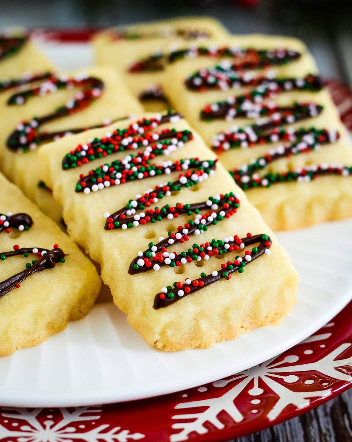 shortbread cookie drizzled with chocolate and sprinkles
