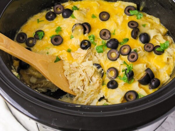 Crock pot chicken enchilada casserole.