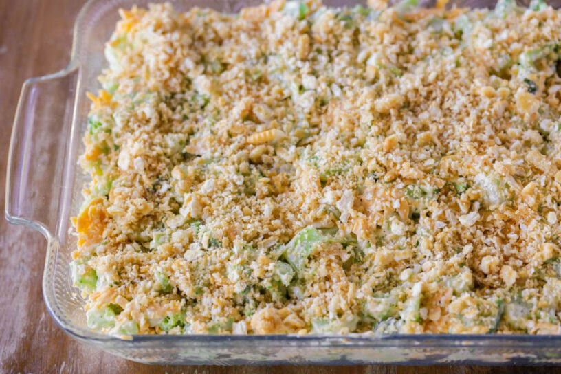 broccoli rice cheese casserole with ritz cracker topping