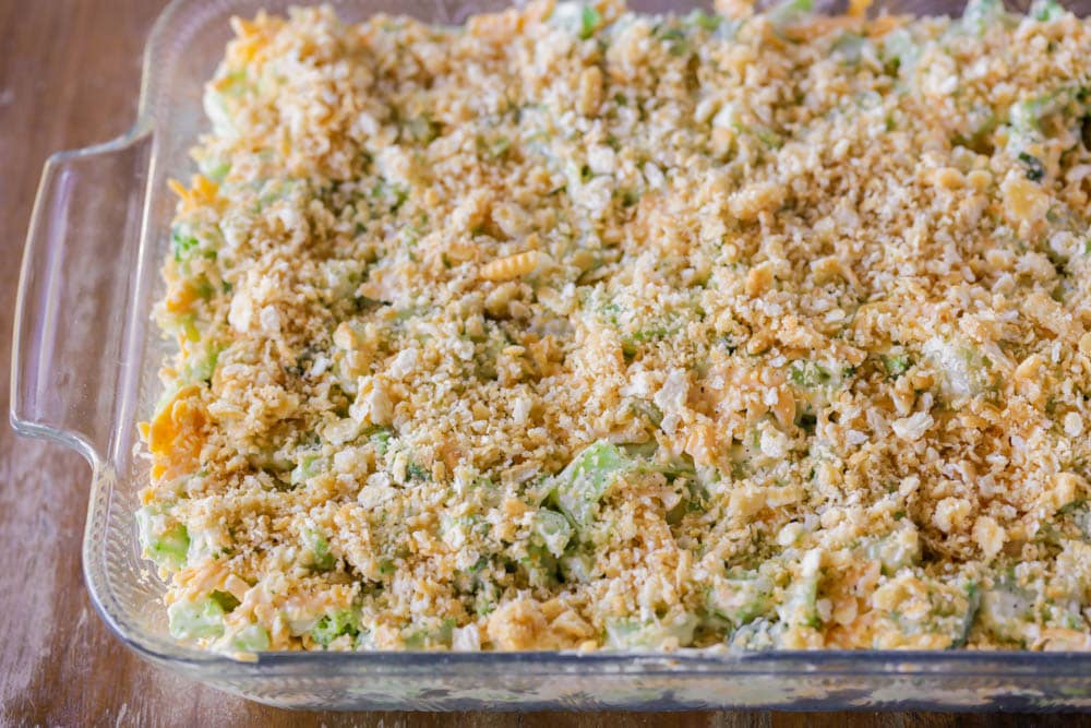 Broccoli Cheese casserole with ritz crackers on top