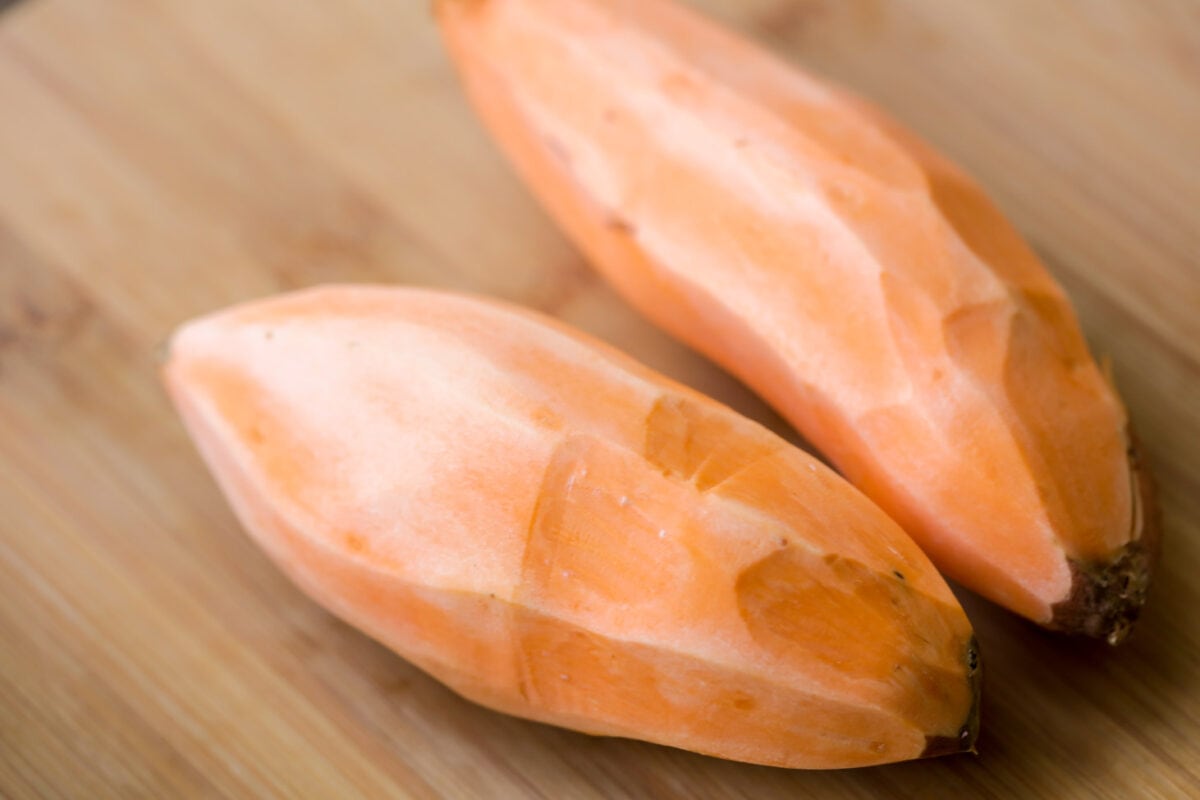 Sweet potato peeled for sweet potato hash recipe.