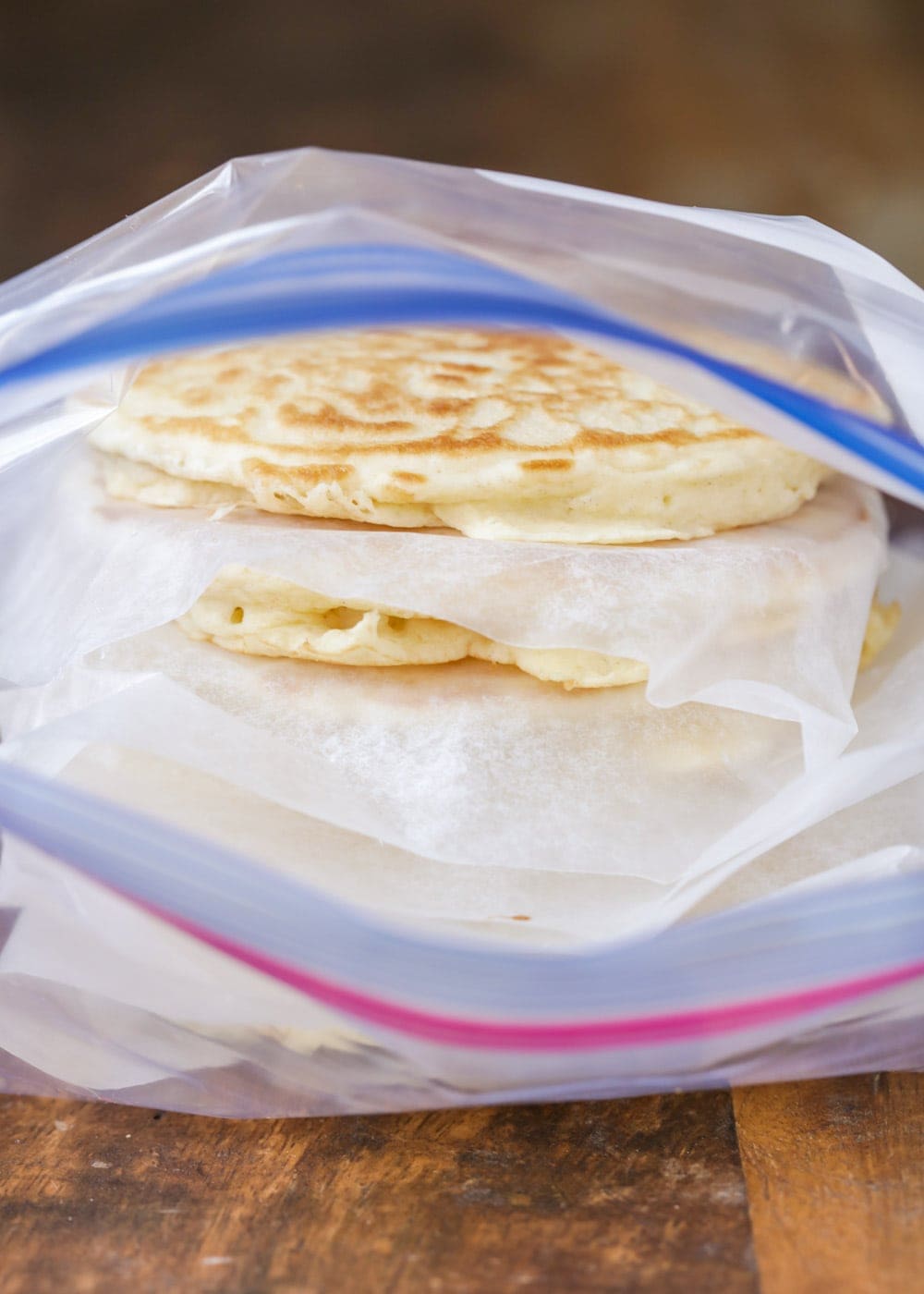 Close up of freezer pancakes in a plastic bag