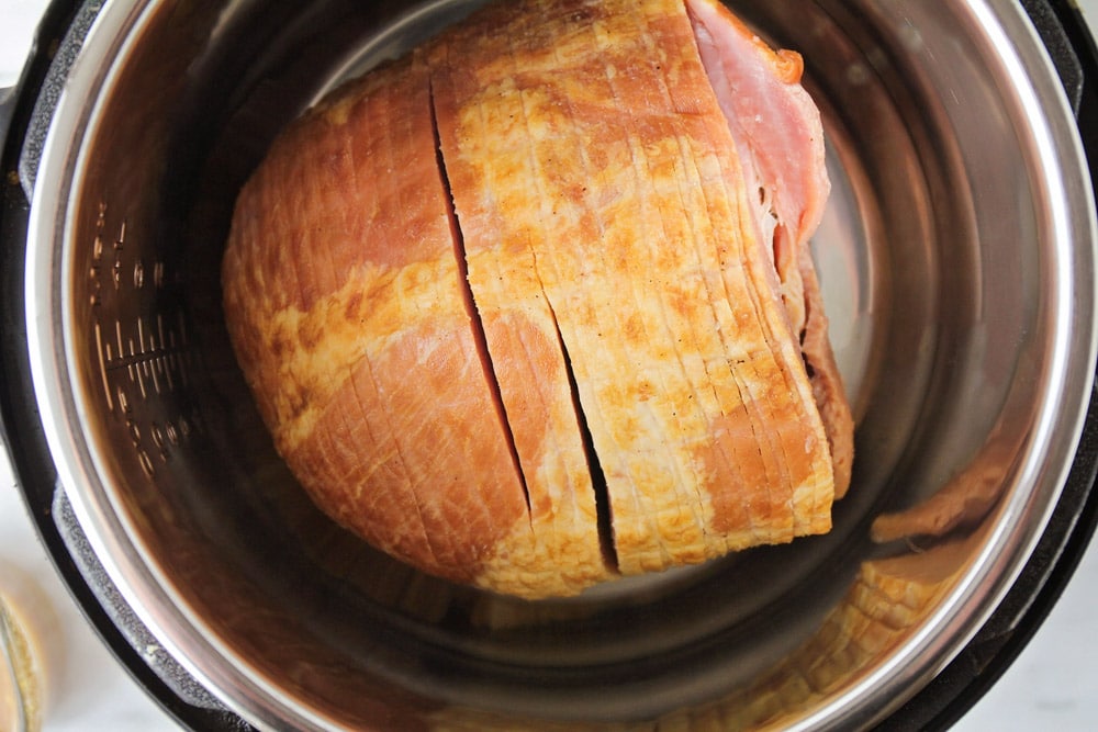 Spiral ham inside the instant pot ready for cooking.