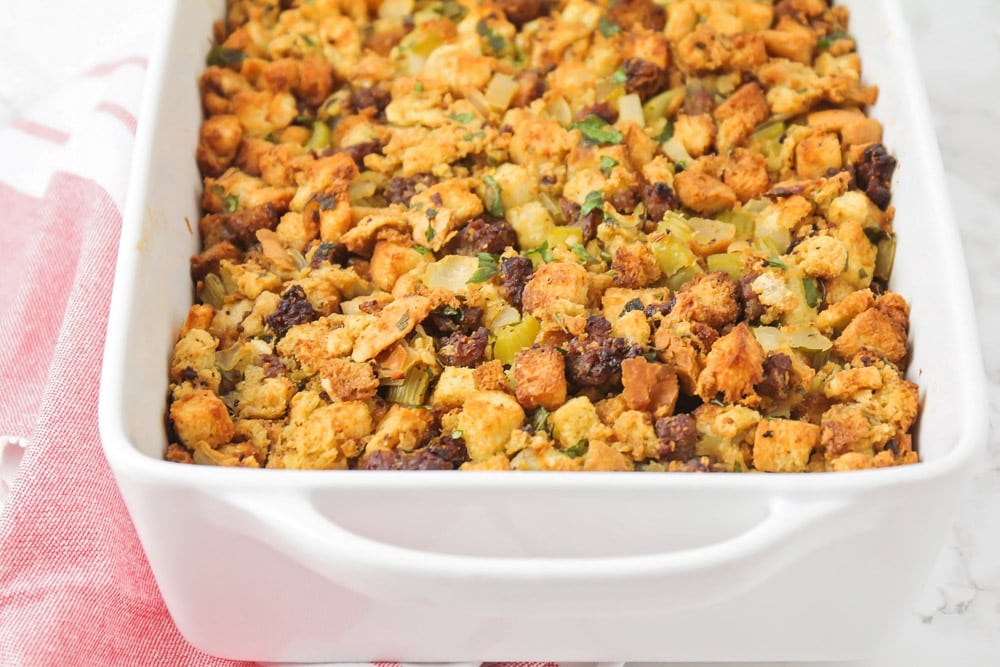 Sausage stuffing baked in a casserole dish.