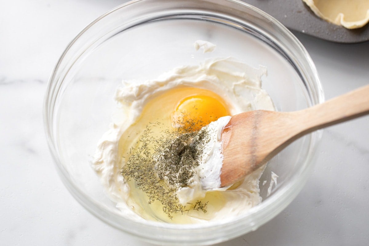 Filling with egg in a mixing bowl