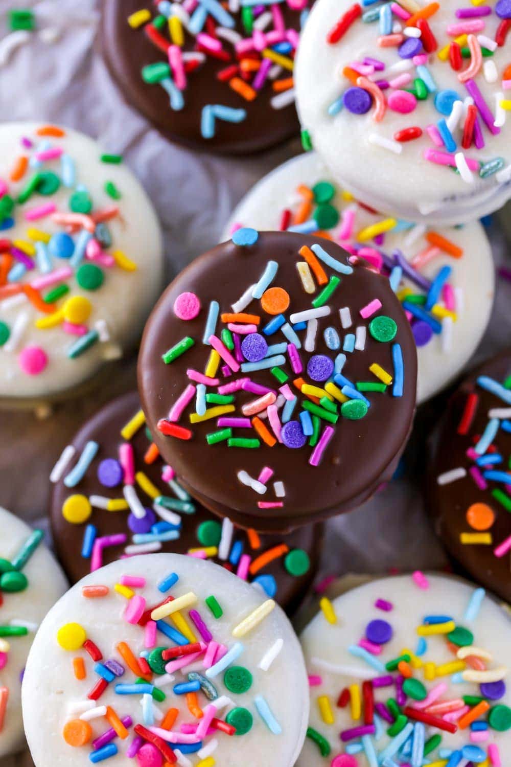 Chocolate covered oreos with rainbow sprinkles