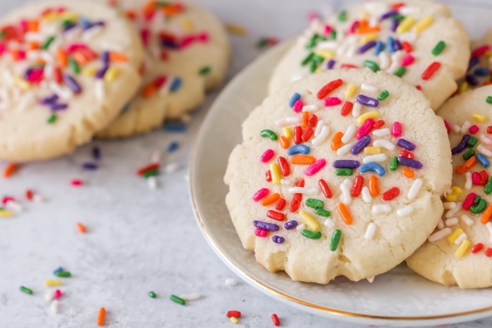 Sugar cookie recipes - 3 ingredient sugar cookies covered in colored sprinkles.