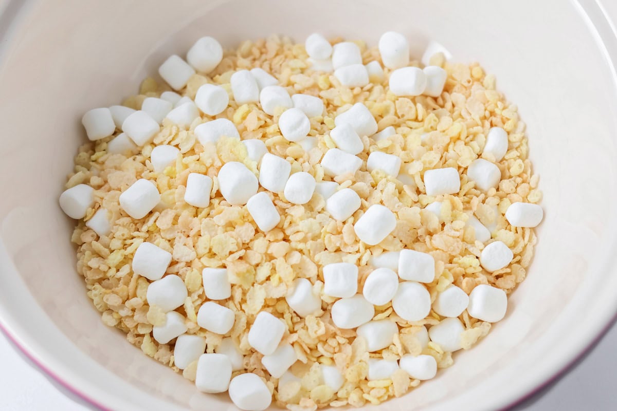 Rice krispies and marshmallows in large mixing bowl.