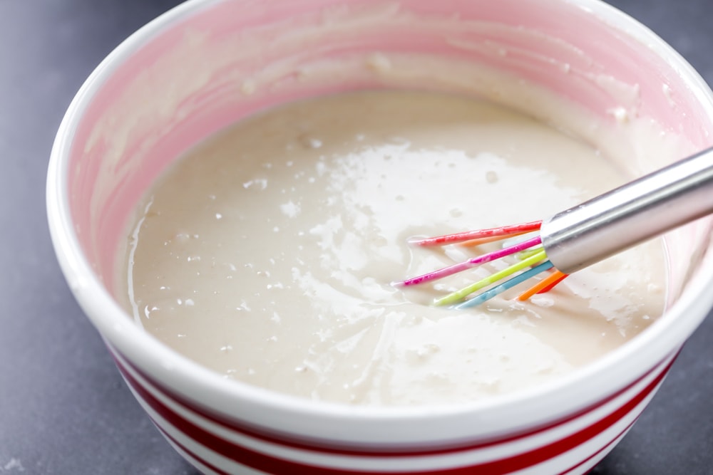 Easy Pancake recipe batter in a bowl.