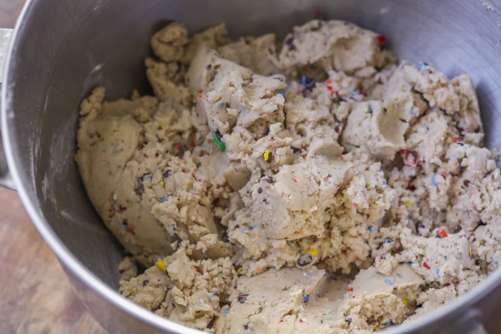 M and M cookie dough in mixing bowl.